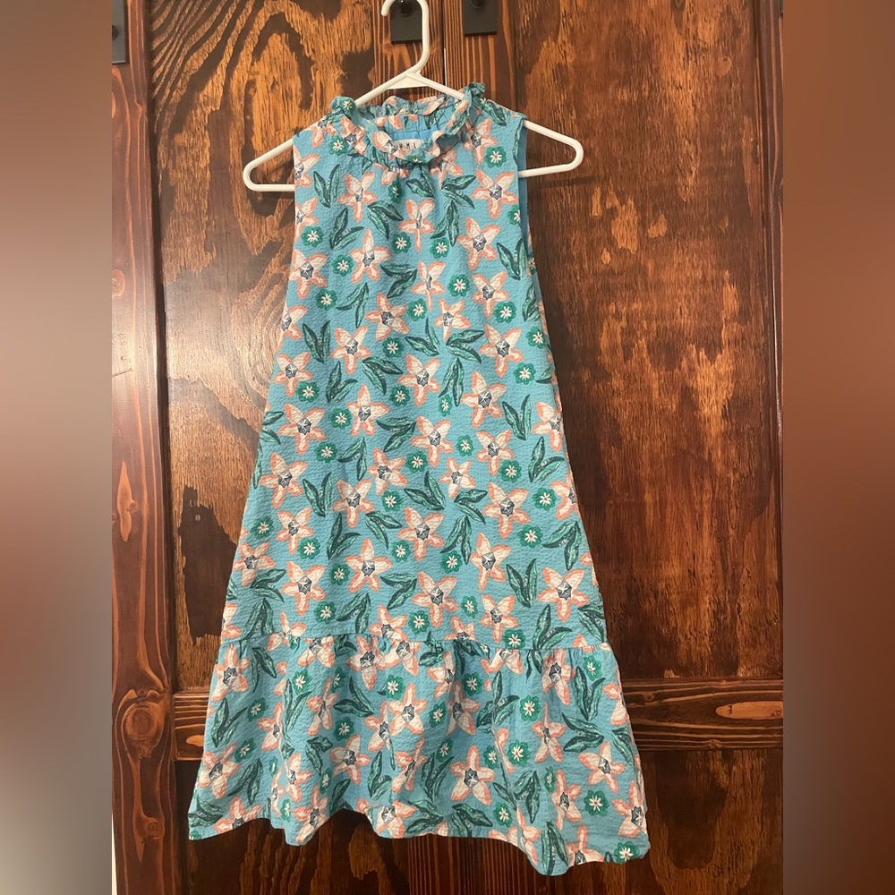 THML Women's  Sleeveless Seersucker Casual Floral Mini Ruffle Neck Dress